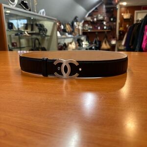 CHANEL Black Belt with Silver CC Buckle